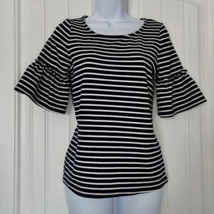 Green Envelope LA Navy White Striped 3/4 Flared Sleeve Round Neck Blouse…